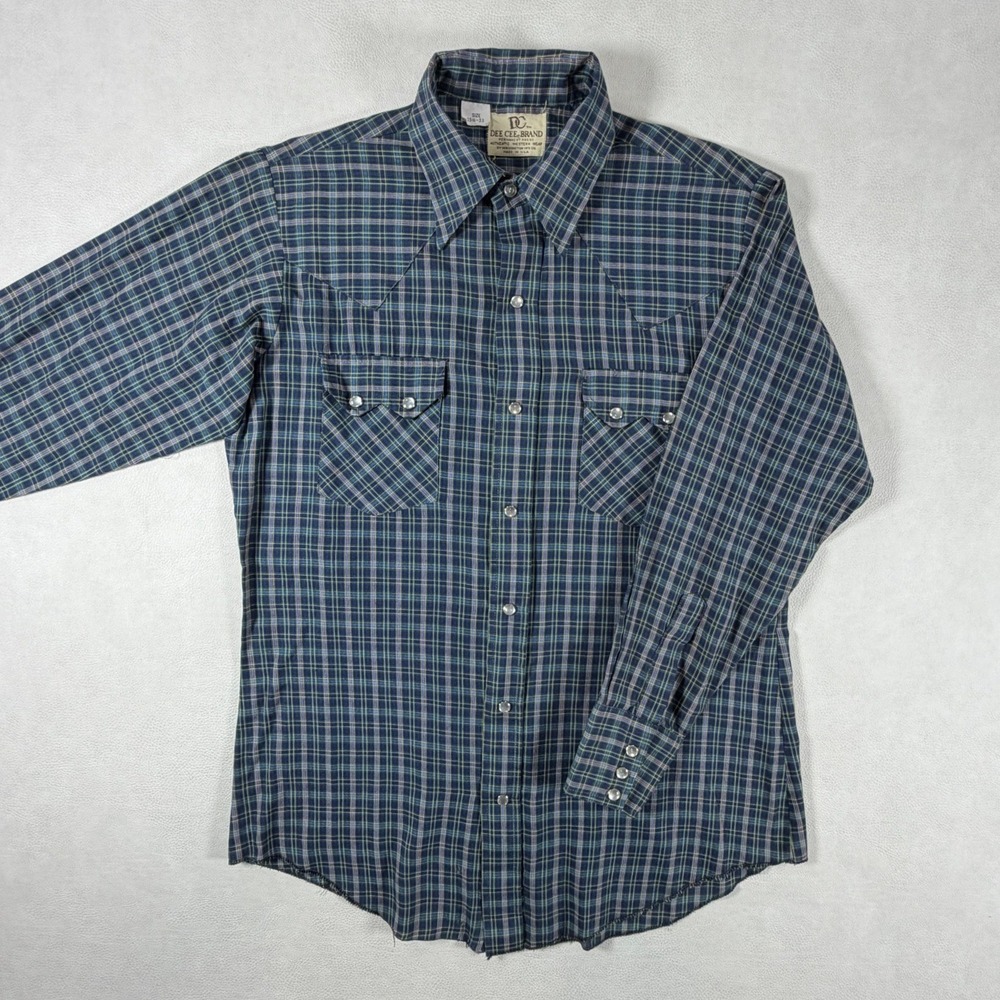 Vintage Dee Cee Mens 15.5 Sawtooth Western Pearl Snap Shirt Blue Plaid USA Made